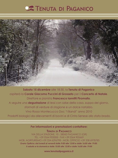 Concerto di Natale ore 18:30 Tenuta di Paganico, sabato 15 dicembre, seguirà degustazione