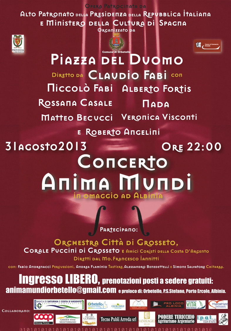 Concerto “Anima Mundi” in omaggio ad Albinia: sabato 31 agosto ore 22:00, Piazza del Duomo a Orbetello