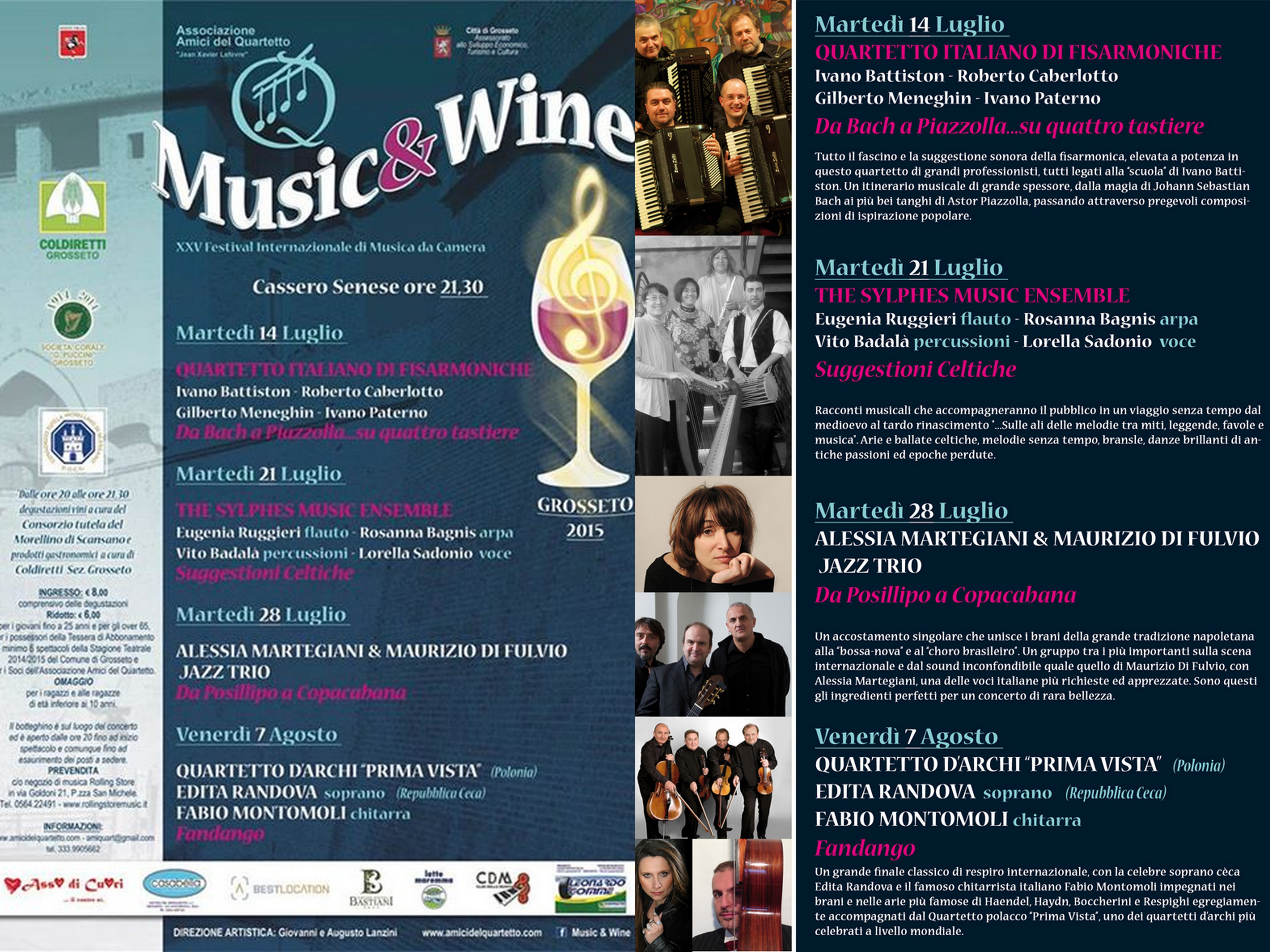 XXV° Festival Internazionale “Music & Wine”: concerto d’avvio “da Bach a Piazzolla….su quattro tastiere!” – Quartetto Italiano di Fisarmoniche, martedì 14 luglio Cassero Senese a Grosseto